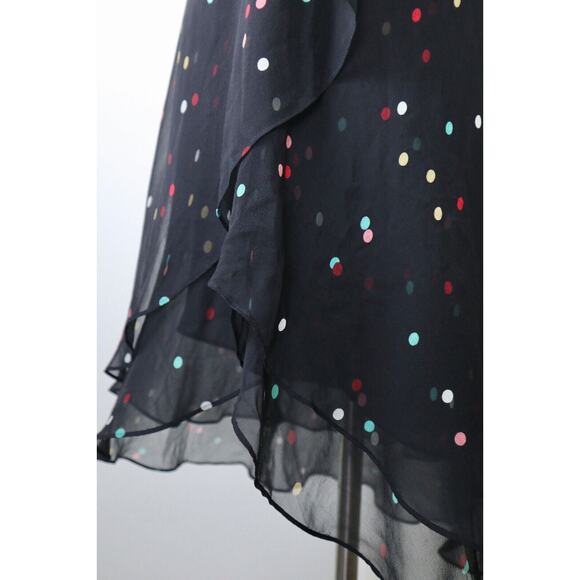 Vintage 1990s Anne Klein Size 4 Silk Dotted Faux Wrap Midi Dress Black Chiffon - Picture 7 of 12